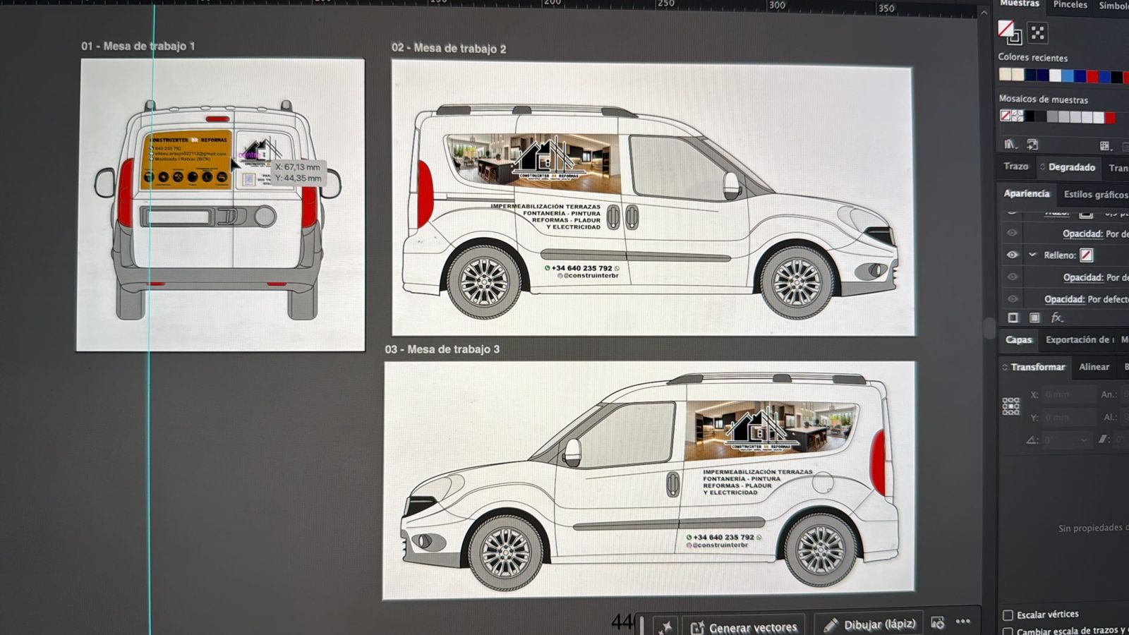 Propuesta de diseño de rotulación de furgoneta en vistas trasera y laterales